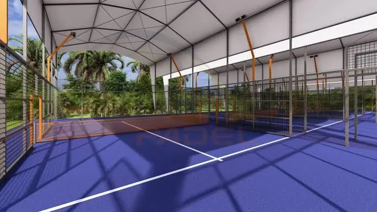Render desain 3D atap membran lapangan padel untuk klien Jakarta Awning